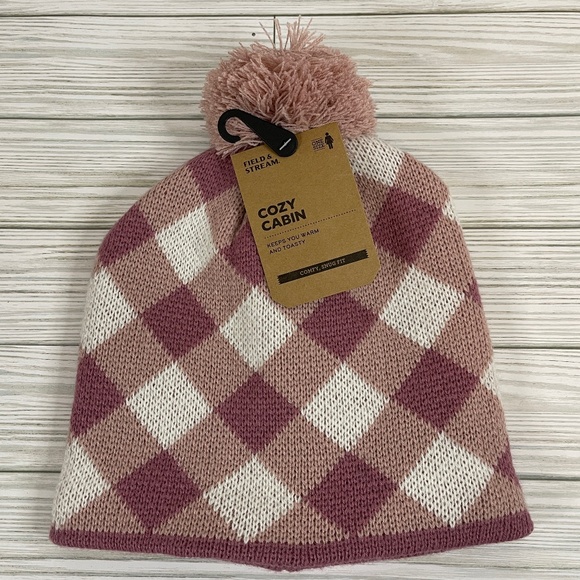Field & Stream Cozy Cabin Pink and White Plaid Knit Beanie Hat NWT - Picture 2 of 9